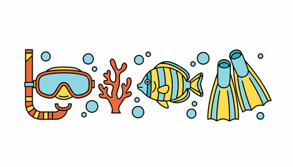Colorful scuba diving icons, snorkeling equipment, coral reef fish, vector illustrations, ocean symbols, blue yellow orange graphics © Kyte