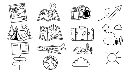 Travel icons, vector set of 16, black and white line art, tourism symbols, adventure illustrations © Kyte