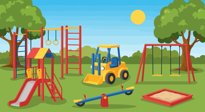 Playground equipment, kids' playset, outdoor recreation, colorful illustration, park fun