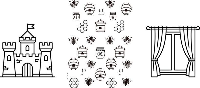 Fairytale castle and decorative honey bee outline icon collection featuring medieval fortress, floral pattern, and elegant window curtain symbols