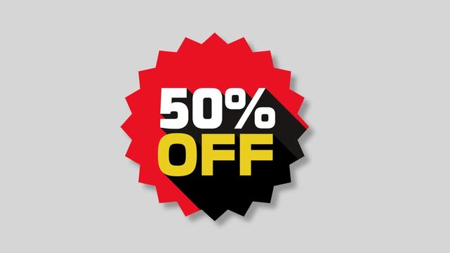 50 Percent Off Discount Sale Badge Animated Motion Graphic on transparent background. 50 Percent Off Red Promo Sticker Animation. Alpha channel