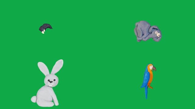 Ostrich Elephant Rabbit Parrot animation on green screen chroma key background flat lighting no shadow flush edge isolated 3d clay model perfect compositing vfx asset high quality render animation