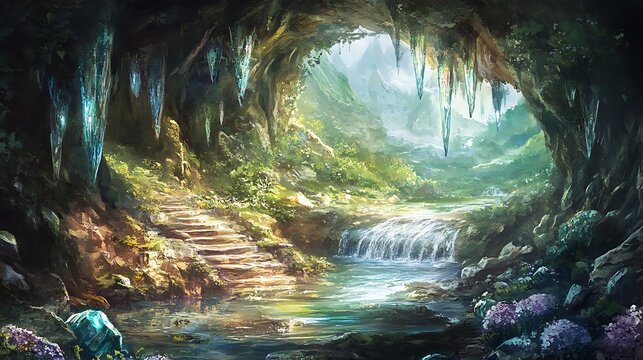 Enchanting digital artwork showing a magical hidden cavern with glowing crystal icicles hanging from the ceiling above a serene flowing waterfall and lush green nature landscape