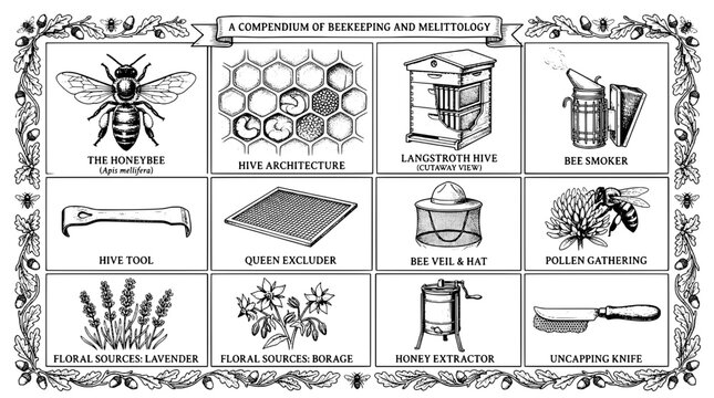 Beekeeping compendium with honeybee, hive architecture, and tools featuring bee smoker, queen excluder, bee veil with hat and pollen gathering
