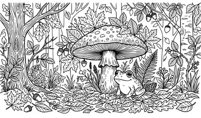Autumn frog under mushroom coloring page hand drawn forest vector © MstKamrun