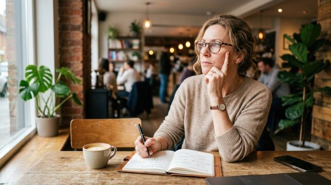 A woman wearing glasses sits at a table in a cozy caf