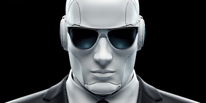 Sleek white robot agent wearing sunglasses and a suit against a dark background