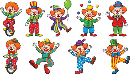 Naklejka premium Funny clown character collection with colorful circus costumes juggling and unicycle cartoon vector illustration set