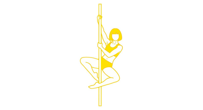 Woman pole dancing, athletic pose, yellow silhouette on white background