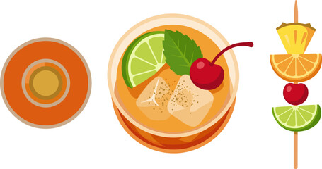 Naklejka premium Citrus cocktail with ice and cherry top view