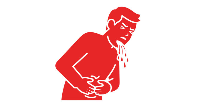 Man Vomiting Due to Stomach Ache, Nausea, Illness, Sickness, Pain, Red Silhouette