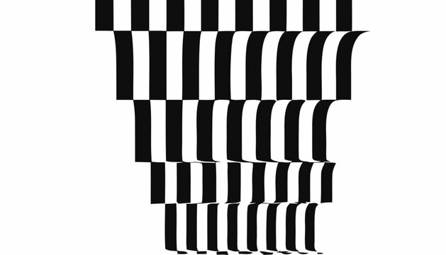 Abstract optical illusion featuring distorted vertical black and white parallel lines creating a dynamic visual depth effect on a clean minimalist white background