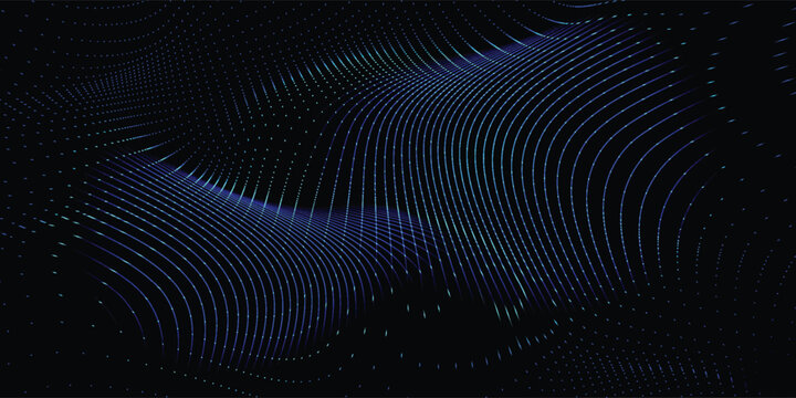 Blue outer space. wavy background. Smooth liquid movement of luminous particles of information. Striped scientific.