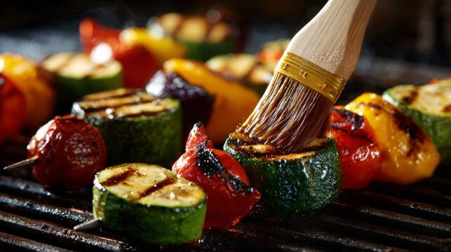 Close-up of grilled vegetable skewers being basted with a brush on a hot grill. Juicy, colorful veggies