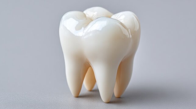 Realistic dental tooth model showcasing detailed anatomy with two prominent cusps and a smooth surface against a neutral gray background