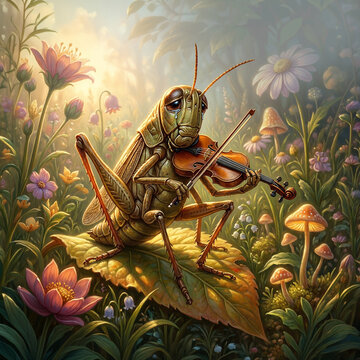 M&auml;rchenhafte Wiese, traurige Heuschrecke, musizierende Insektenfigur