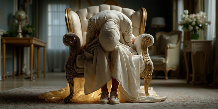 Woman dressed as bride shows deep melancholy and tension before her wedding event