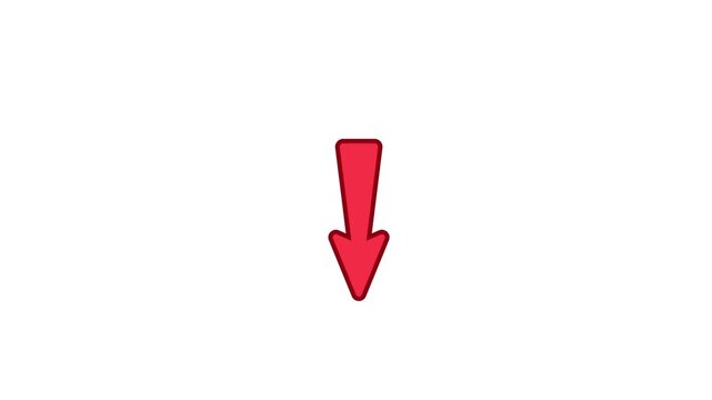 Animated thick red arrow falling down with a slight bounce effect at the bottom. Bold graphic pointer for notice and attention on white