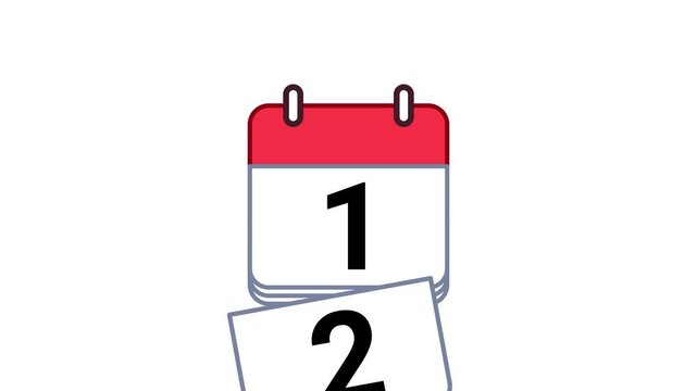 Animated tear-off calendar with pages flipping fast and slowing down to one. Time lapse date counter from 31 to 1 on white