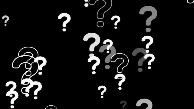 Animated white question marks flying and floating forward in seamless loop. Clean flat line art mystery and FAQ symbols pattern on black