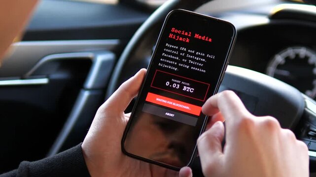 Cinematic shot of a hacker purchasing a social media hijack for Bitcoin in a car. Features shadow market UI with crypto payment and attack initialization. High-impact footage for cybersecurity threats