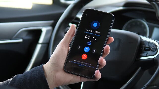 Active confidential call with a Lawyers Office on a smartphone. The screen displays a blue exclamation icon, timer, and Attorney-Client Privilege notice. Perfect for legal visuals, attorney-client