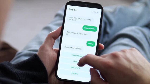Hands navigating a mobile return flow with AI guidance. The interface shows selecting Home, Drop-off, and Gift Card for refund. Ideal for illustrating post-purchase support, logistics, and digital