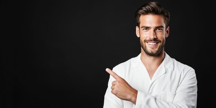 Smiling male doctor in white coat pointing to the side with copy space