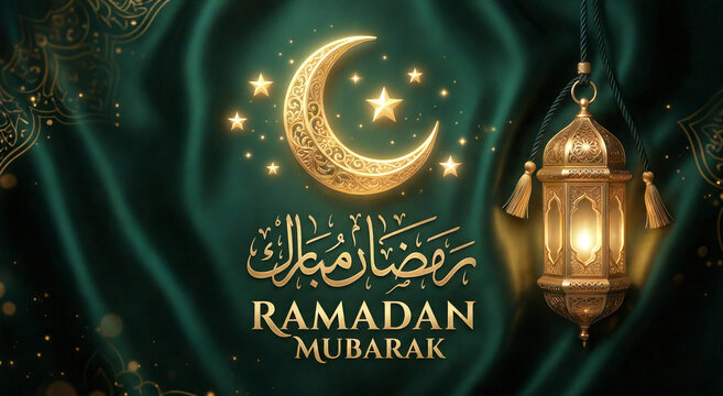 Ramadan Mubarak lantern and crescent moon with Arabic calligraphy on dark background
