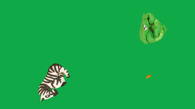 Zebra Crocodile Fox Animal animation on green screen chroma key background flat lighting no shadow flush edge isolated 3d clay model perfect compositing vfx asset high quality render animation video