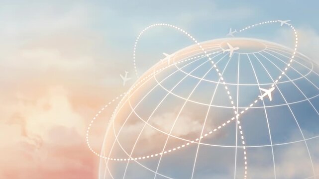  Global aviation network with dotted flight paths around a stylized globe against soft clouds. Ideal for airline marketing, travel booking, logistics, air cargo, route planning, tourism, business.