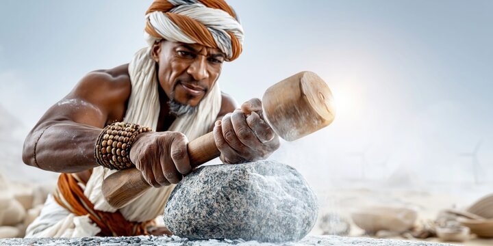 Ancient artisan shaping rock with primitive tools