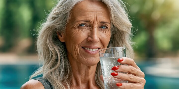 Healthy aging graceful woman enjoying hydration in nature