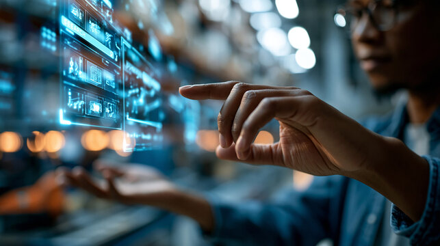 Smart warehouse scene featuring staff member using a holographic virtual interface panel to search inventory and fulfillment data, glowing search displays and item tracking visuals floating