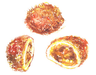 Obraz premium Watercolor illustration set of curry bread on transparent background