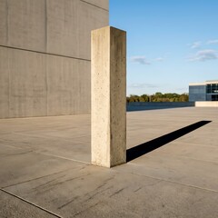 Fototapeta premium Minimalist concrete pillar casting a long shadow on a concrete plaza.