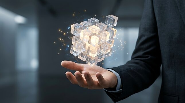 Businessman holding a glowing, transparent cube structure made of smaller blocks, symbolizing innovation, digital data, or a new business idea in a modern office.