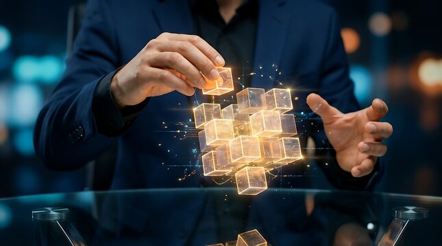 Businessman's hands arranging glowing translucent cubes, building a futuristic digital structure with sparkling light particles, representing data, AI, and innovation.