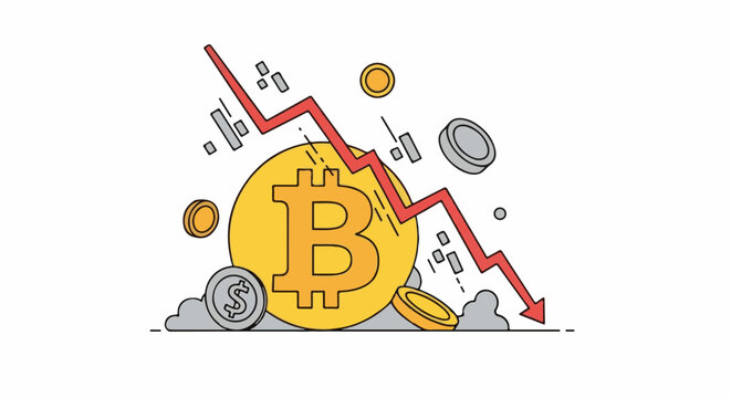 A sharp red graph arrow indicates a steep decline over a Bitcoin