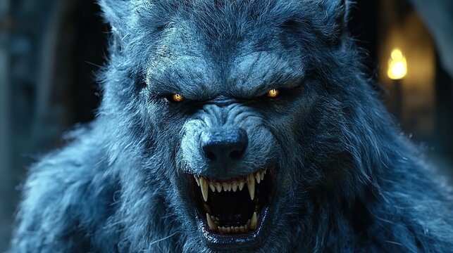 Ravenous Blue-Furred Werewolf Roars Defiantly Inside a Shadowy Torchlit Cavern