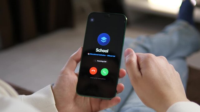 Modern smartphone interface showing an incoming call from an educational institution. Realistic home setting for videos about school updates and digital communication. Essential for contemporary