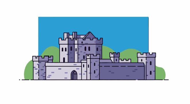 A stylized illustration of a gray stone castle with turrets against a blue sky