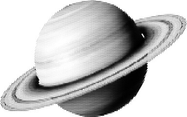 Halftone vector of saturn in dotted retro style with grunge transparent background © Business Image