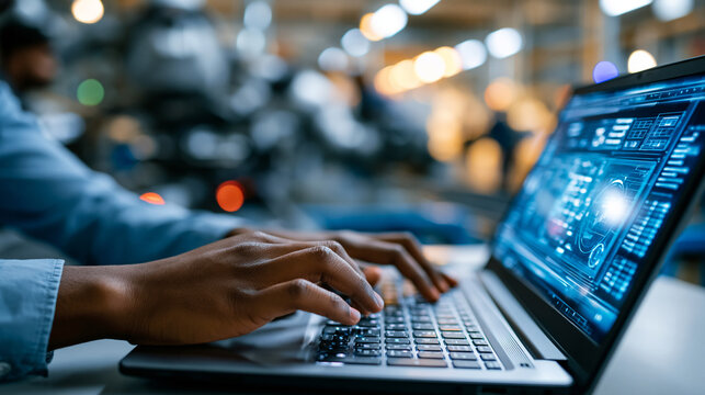 Industrial automation engineer using a laptop connected to a glowing blue digital control dashboard, managing factory equipment and monitoring manufacturing processes through a futuristic