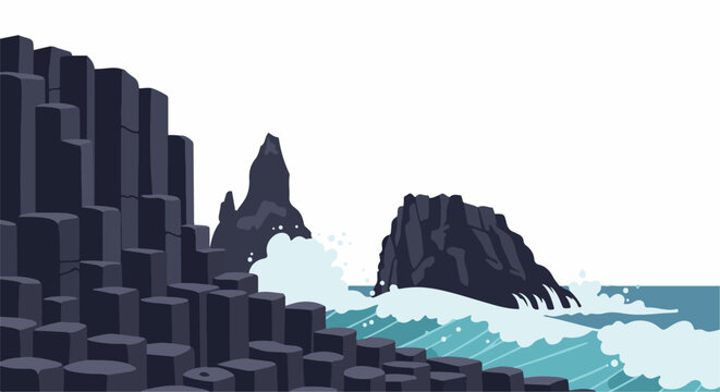 Dramatic coastal scene with dark hexagonal rock formations and crashing waves