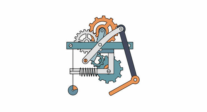 Intricate mechanical linkage with gears, levers, spring, and pendulum