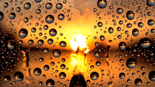 Golden sunset glowing behind rainy window glass beads