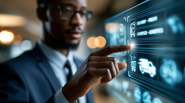 African American business professional choosing between digital delivery and logistics options displayed on a large virtual screen interface in a panoramic scene, symbolizing informed