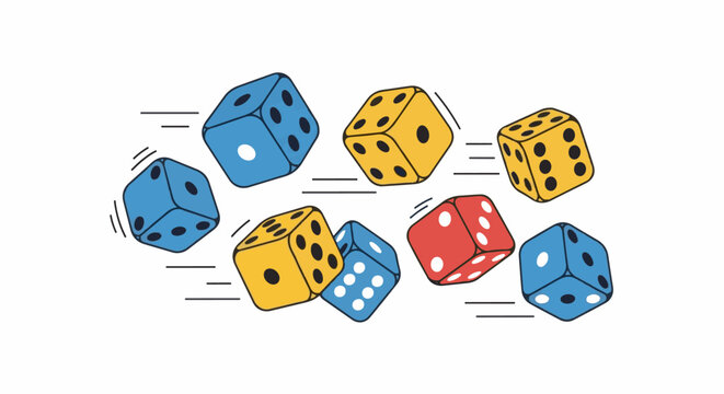 Colorful dice in motion, scattered across a white background