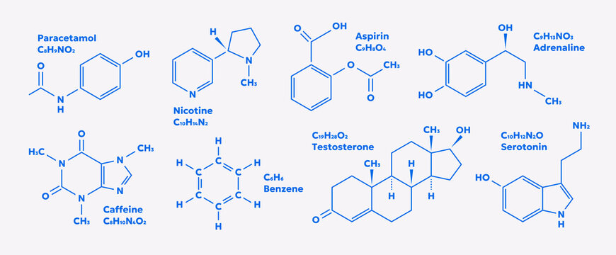 Chemistry icon set. Chemical formulas and molecular structures including Paracetamol, Nicotine, Aspirin, Adrenaline, Caffeine, Testosterone, Serotonin. Vector illustration for science and education.
